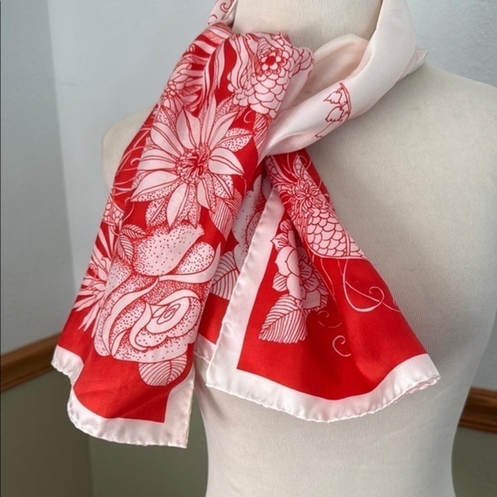Vintage Lady Heritage Japan Polyester Red White Floral Scarf 15” x 44”
